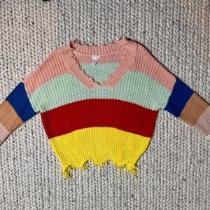 MAIN STRIP: Striped V-Neck Sweater in Pink, Mint, Red, Yellow, Blue, Tan